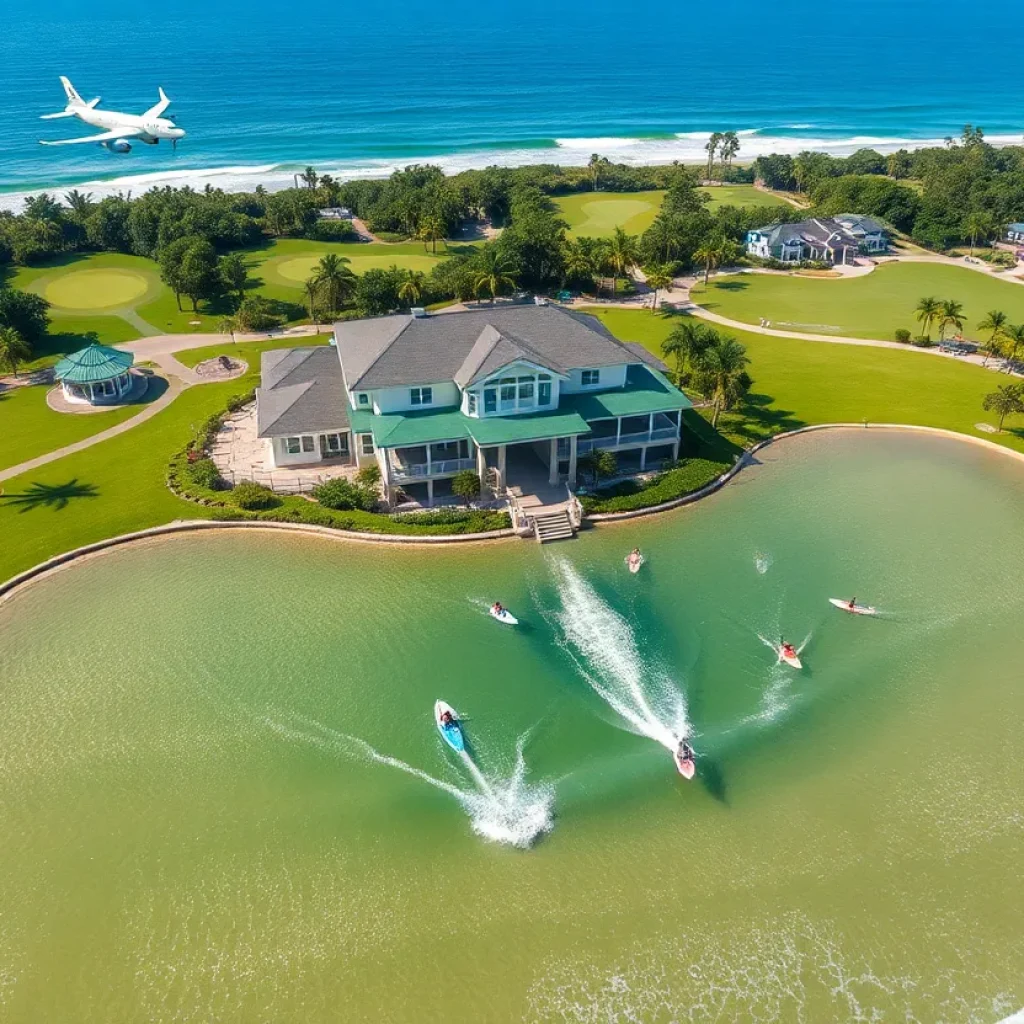 Conceptual image of Snug Harbor Surf Park with surfers and clubhouse