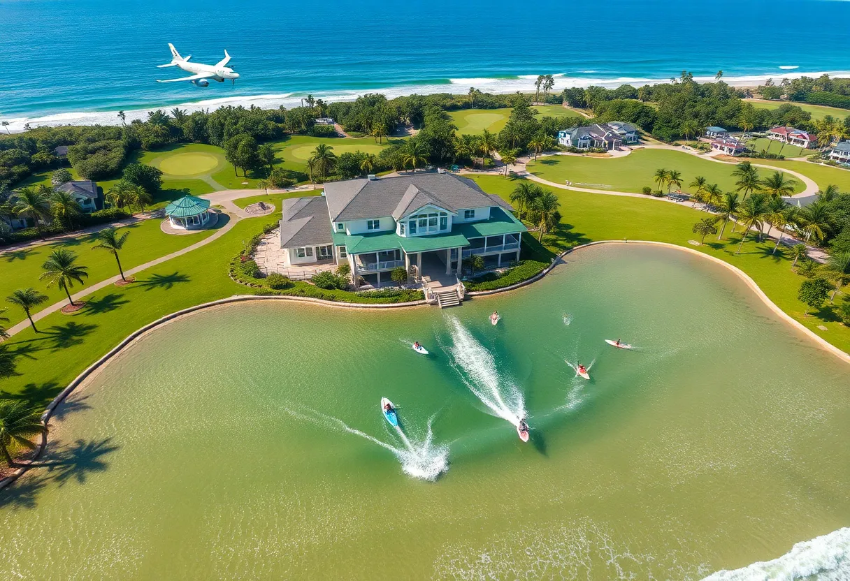 Conceptual image of Snug Harbor Surf Park with surfers and clubhouse