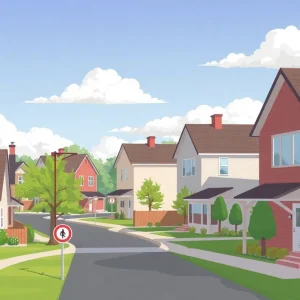 Illustration of sober living homes in a residential neighborhood.