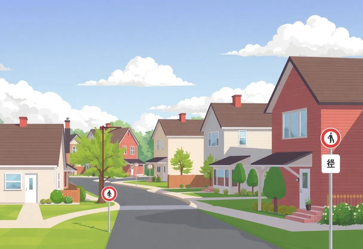 Illustration of sober living homes in a residential neighborhood.