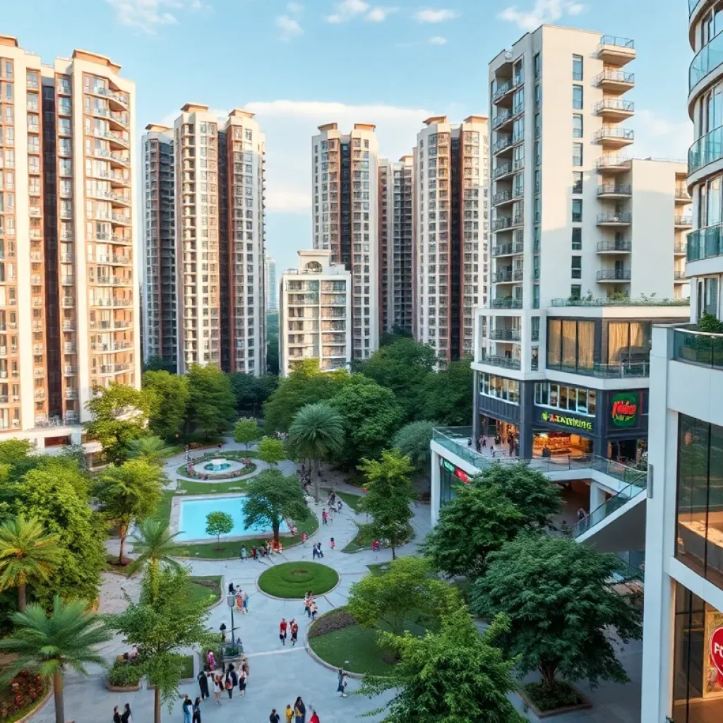 Conceptual rendering of the South Coast Plaza Village Redevelopment showcasing modern buildings and public spaces.