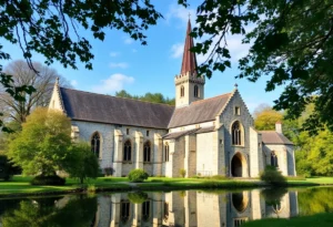Exterior view of St. Michael's Abbey surrounded by trees