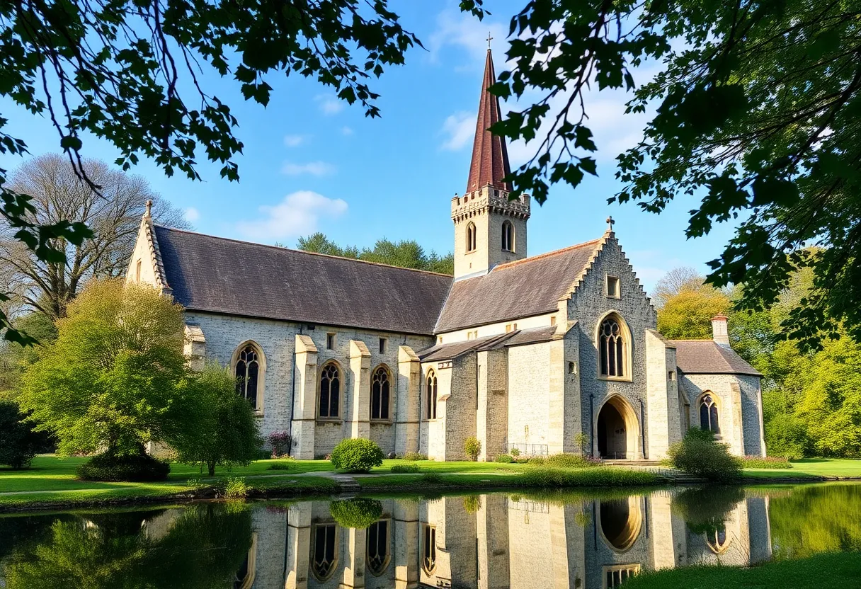 Exterior view of St. Michael's Abbey surrounded by trees