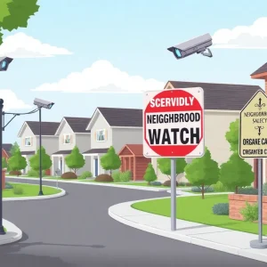 Illustration of a safe suburban neighborhood with surveillance cameras