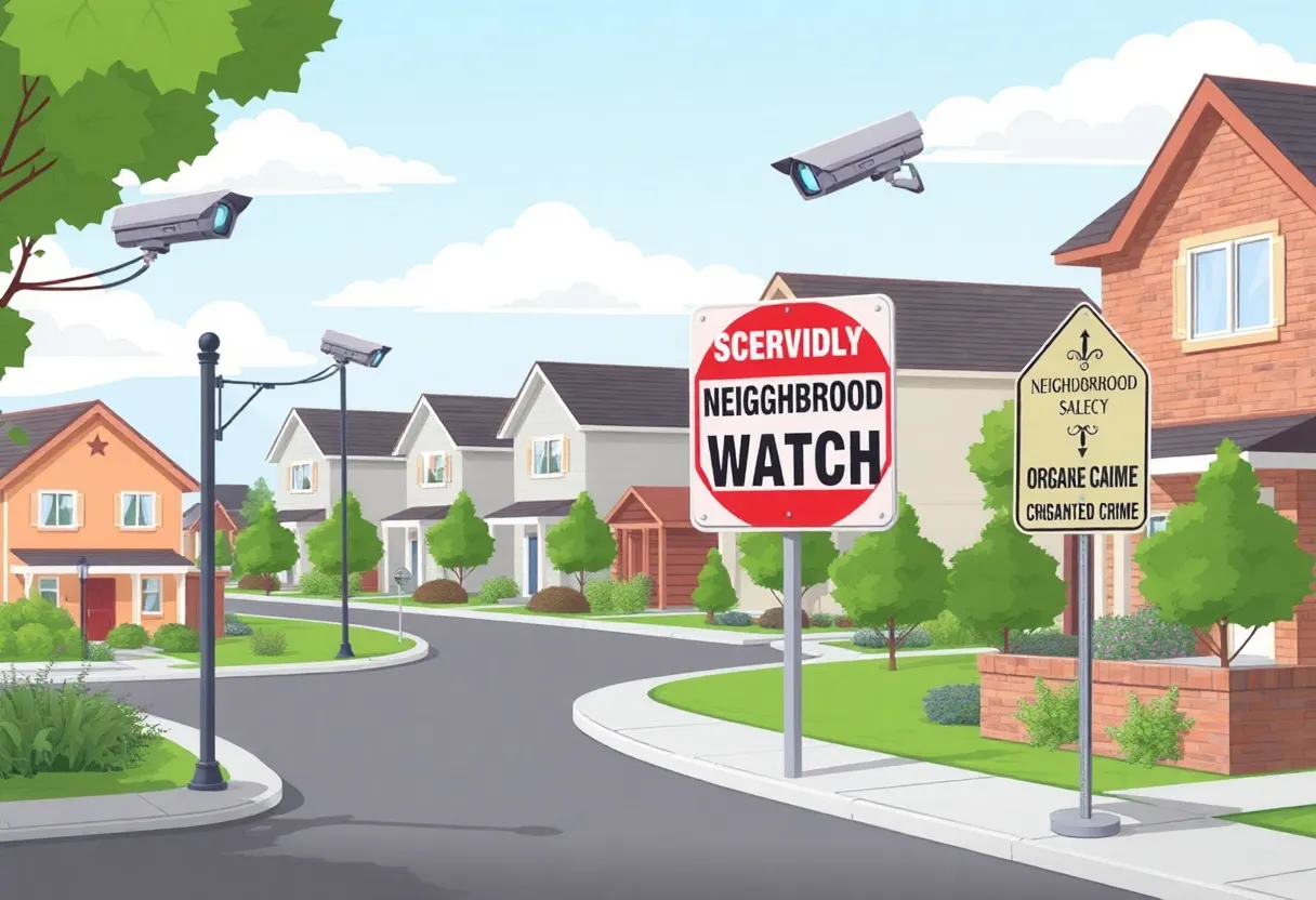 Illustration of a safe suburban neighborhood with surveillance cameras
