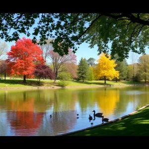 Lakes at Tewinkle Park with trees and waterfowl