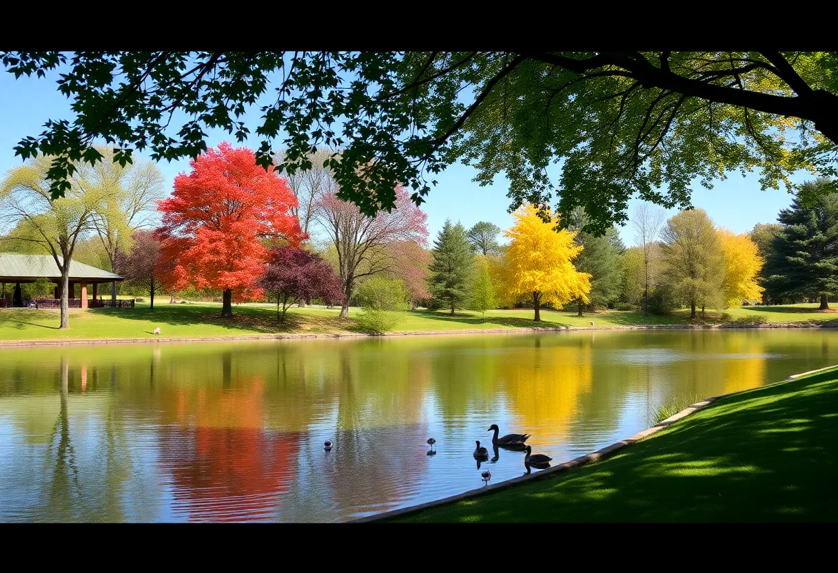 Lakes at Tewinkle Park with trees and waterfowl