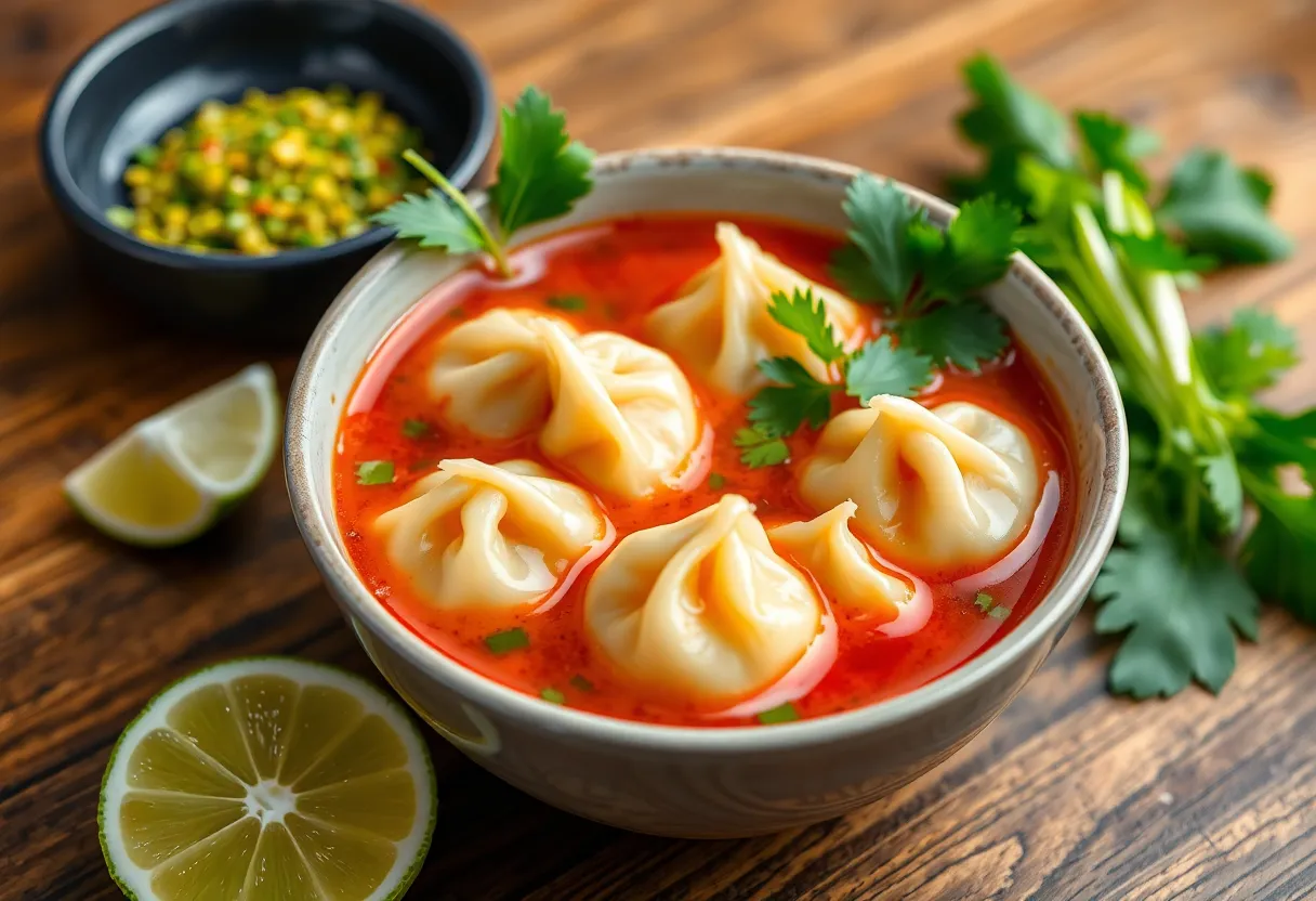 A bowl of colorful tom yum soup dumplings garnished with herbs.