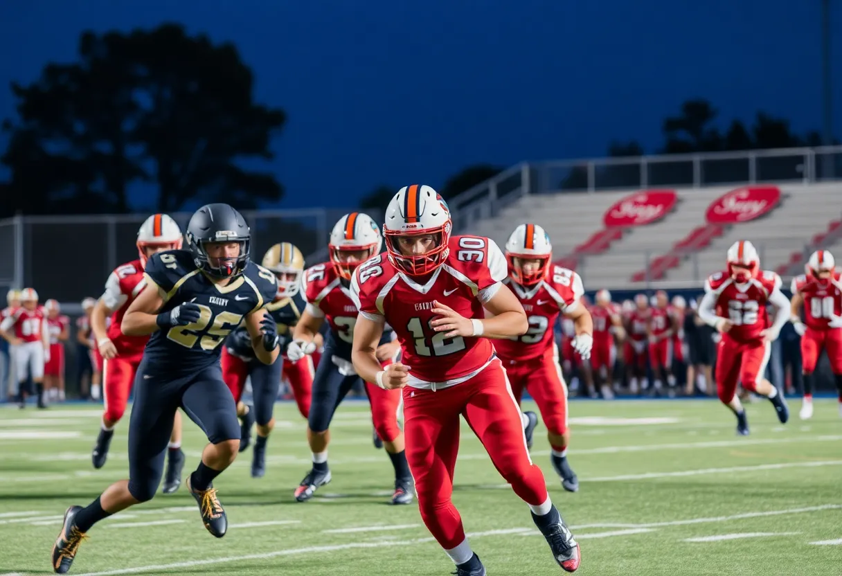 Players from Tustin football team celebrating victory against Yorba Linda