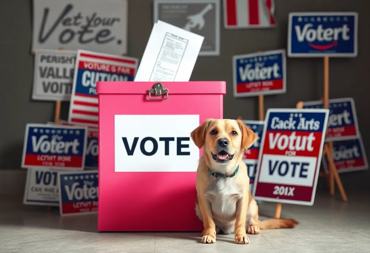 A cartoonish illustration of a dog next to a ballot box
