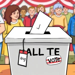 Cartoon illustration of a ballot box with a dog tag and sticker