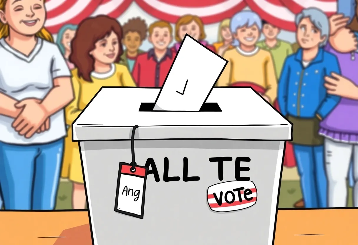 Cartoon illustration of a ballot box with a dog tag and sticker