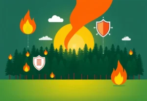 Conceptual image of wildfire risk assessment with forest and insurance symbols