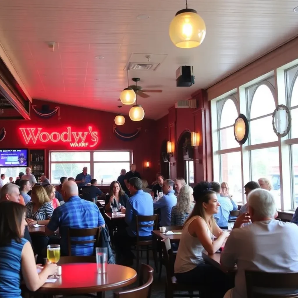 Guests enjoying food and drinks at Woody's Wharf restaurant