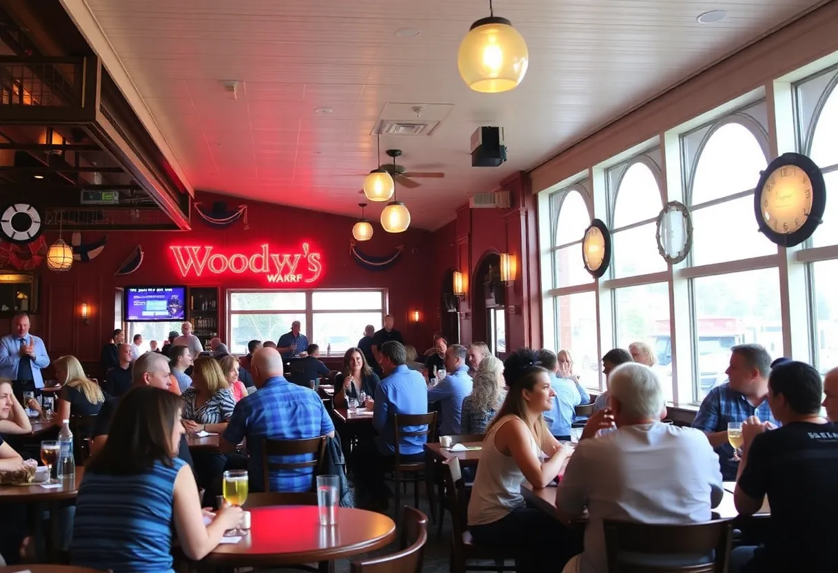 Guests enjoying food and drinks at Woody's Wharf restaurant