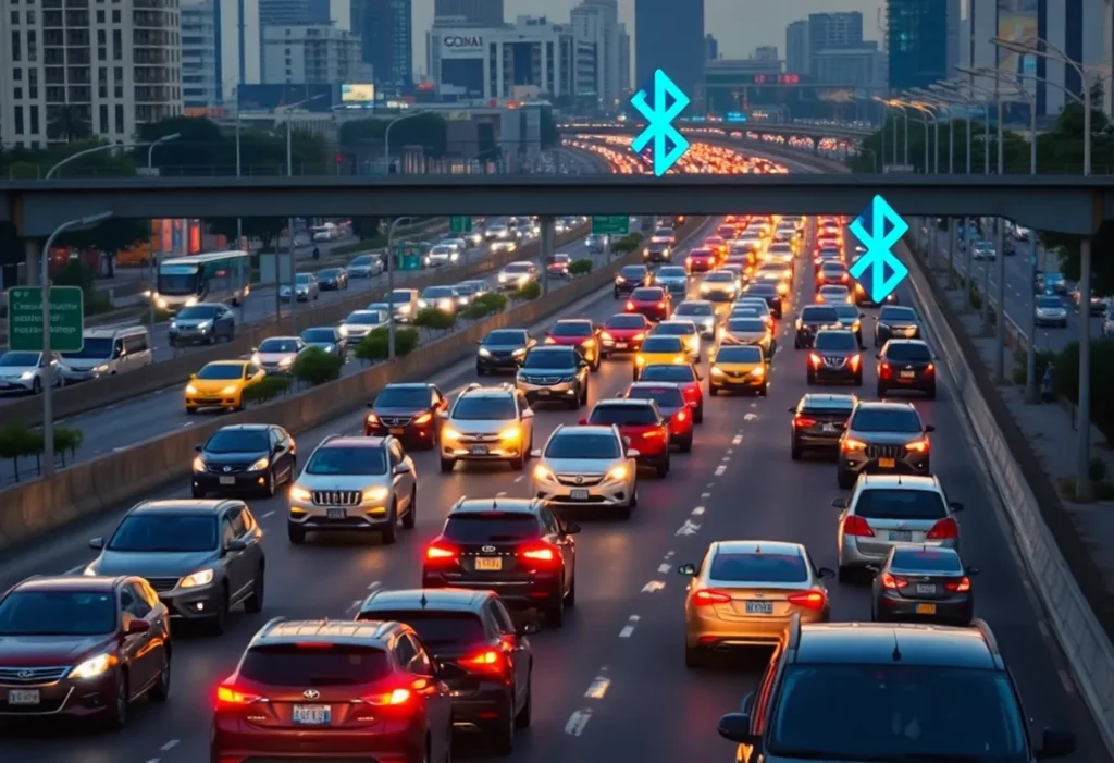 Traffic on the 405 Freeway with Bluetooth symbols illustrating connectivity issues