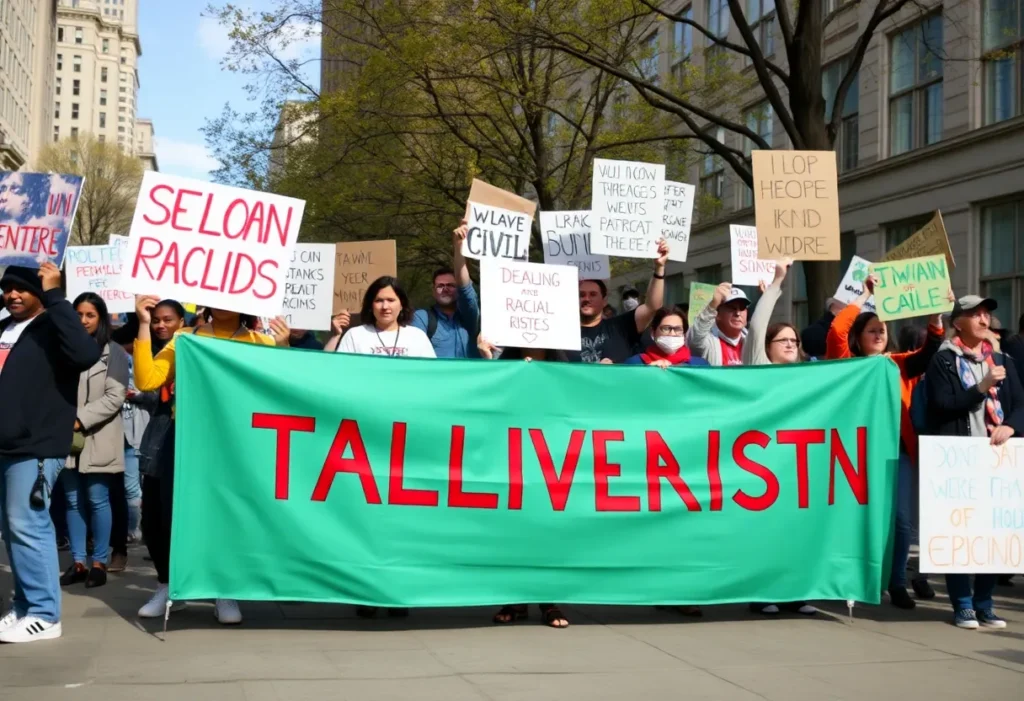 Activists holding a banner in honor of Alex Odeh at a protest