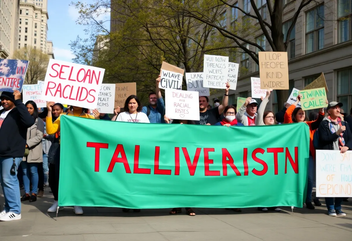 Activists holding a banner in honor of Alex Odeh at a protest
