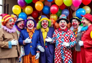 Promotional image for the American Clown documentary featuring clowns performing.