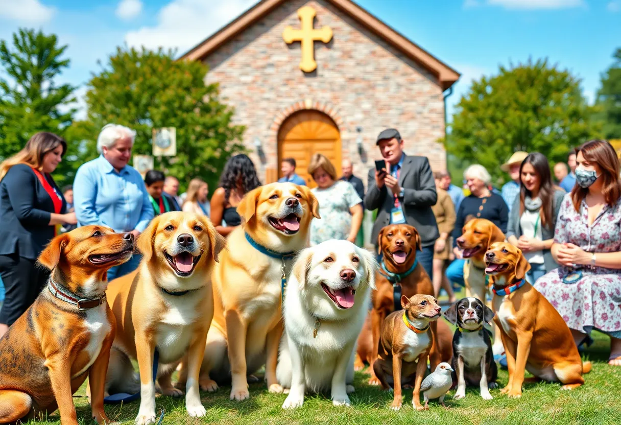Community members and pets at St. James Episcopal Church's blessing event