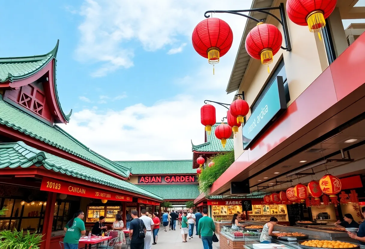 Exterior view of Asian Garden Mall with lanterns and diverse crowd