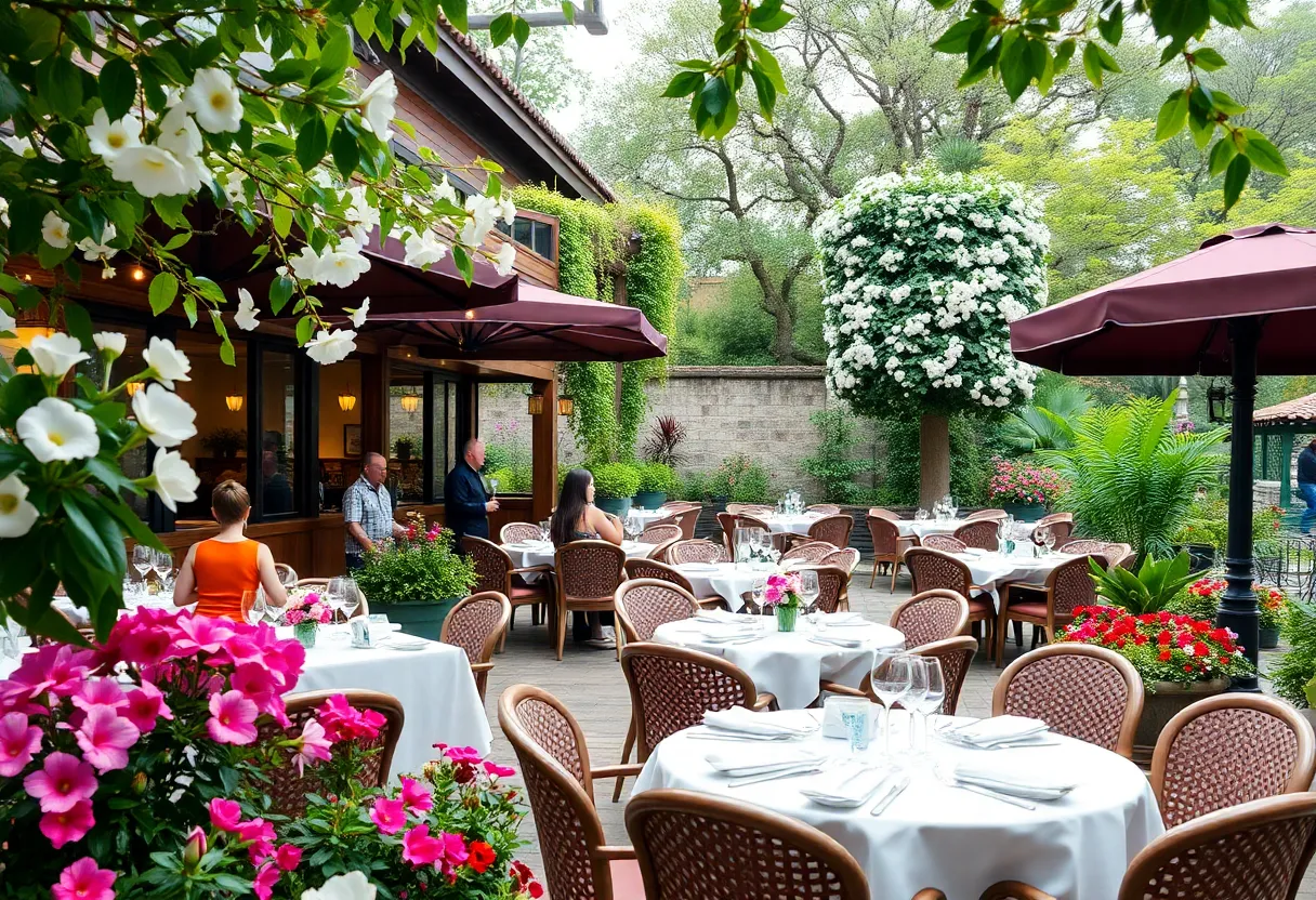 Dining area amidst blooming gardens at 608 Dahlia