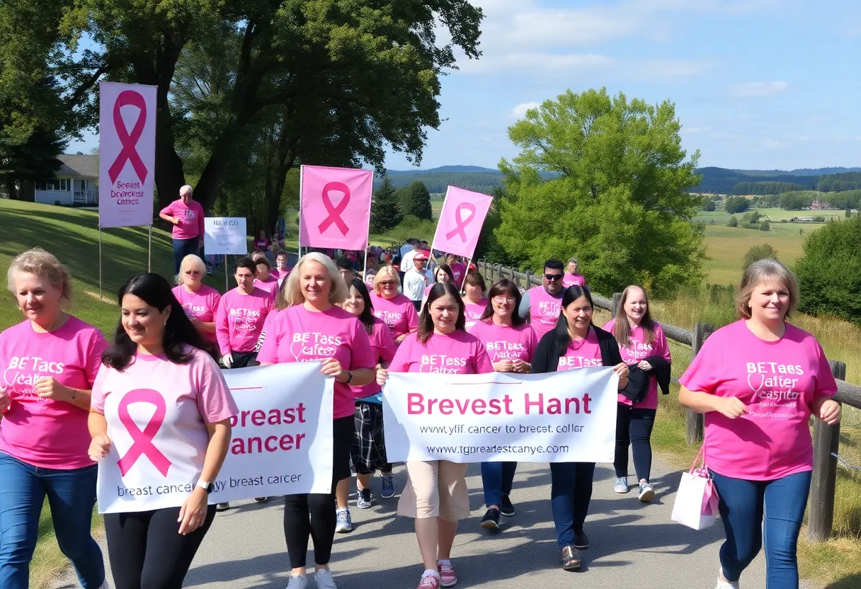 Participants in pink shirts walking for breast cancer awareness