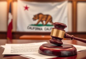 A gavel and legal documents in a California courtroom.