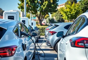 Electric vehicle charging station in California with multiple zero-emission vehicles connected.