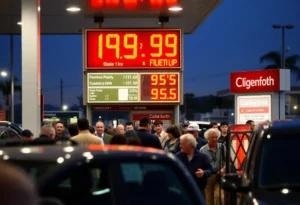 Gas station in California displaying fuel prices and customers filling up their cars.