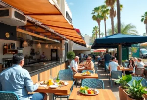 Outdoor dining setup in California with open kitchens