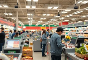 Grocery store self-checkout station with monitoring employee
