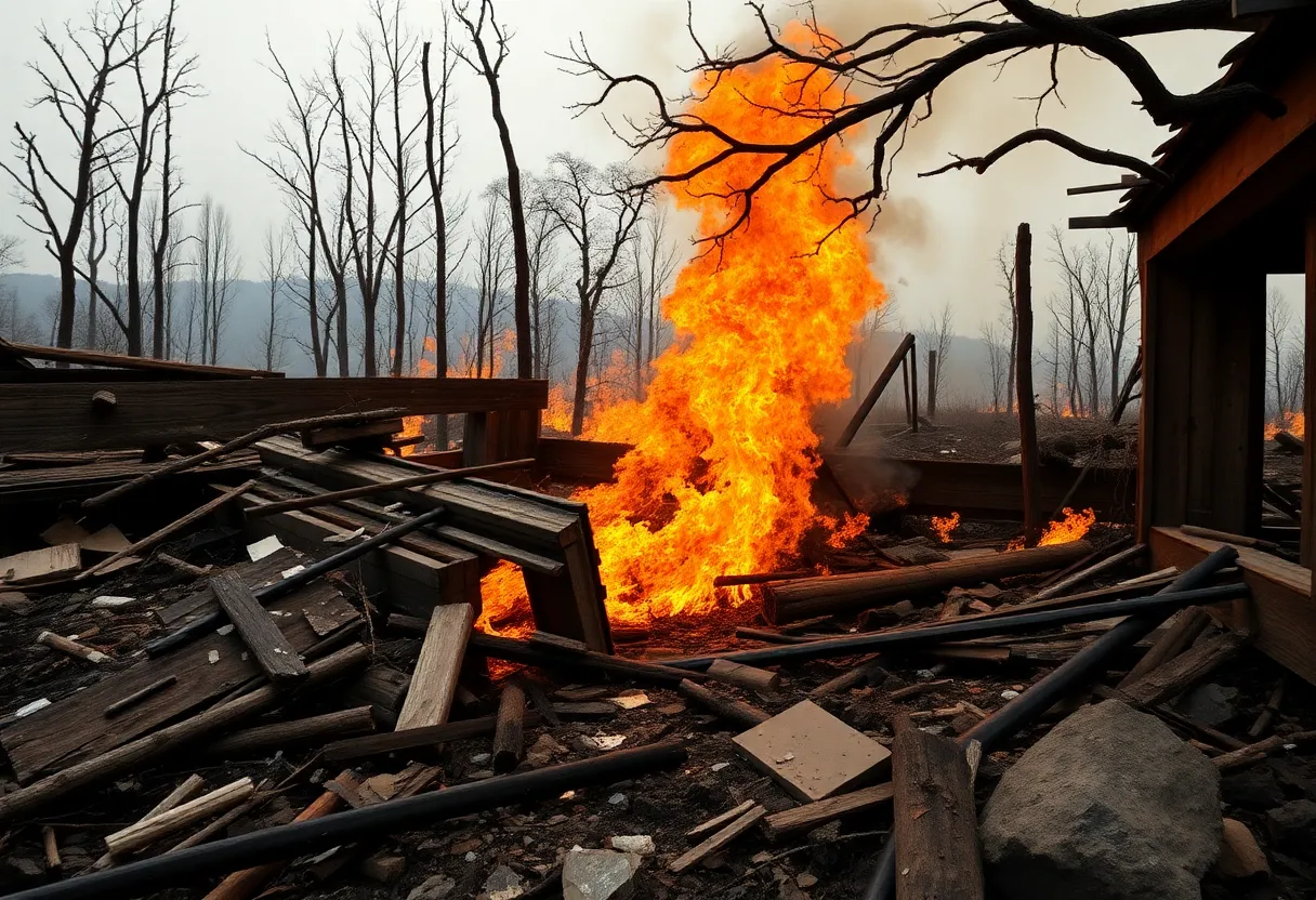 Aftermath of California wildfires showing damaged properties