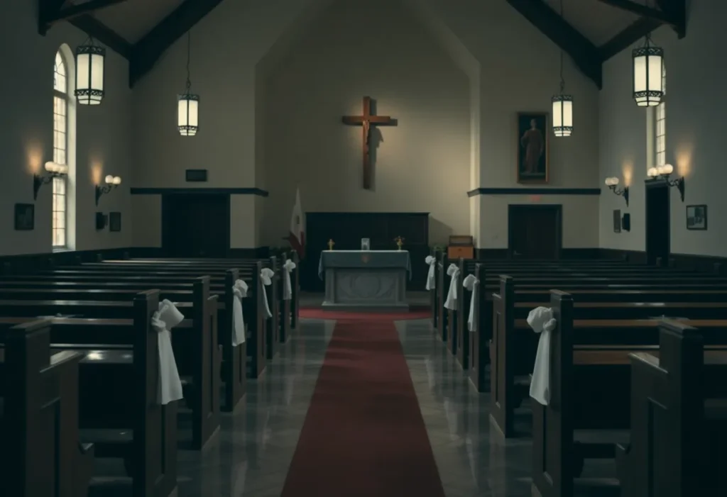 Somber church environment reflecting community trust and betrayal