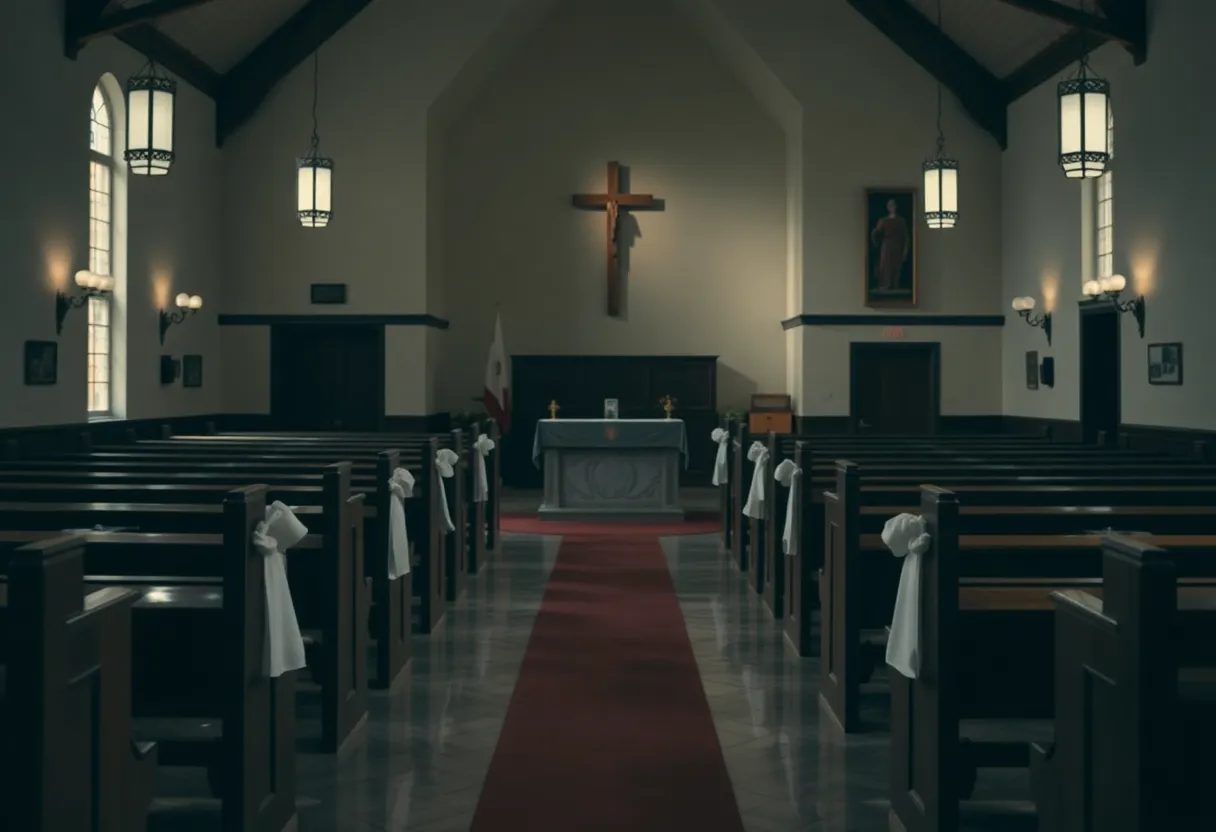 Somber church environment reflecting community trust and betrayal
