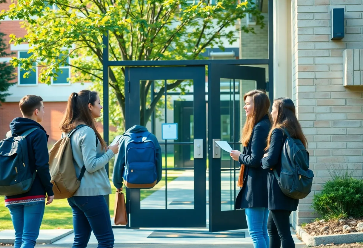 Students at a college campus discussing new security regulations