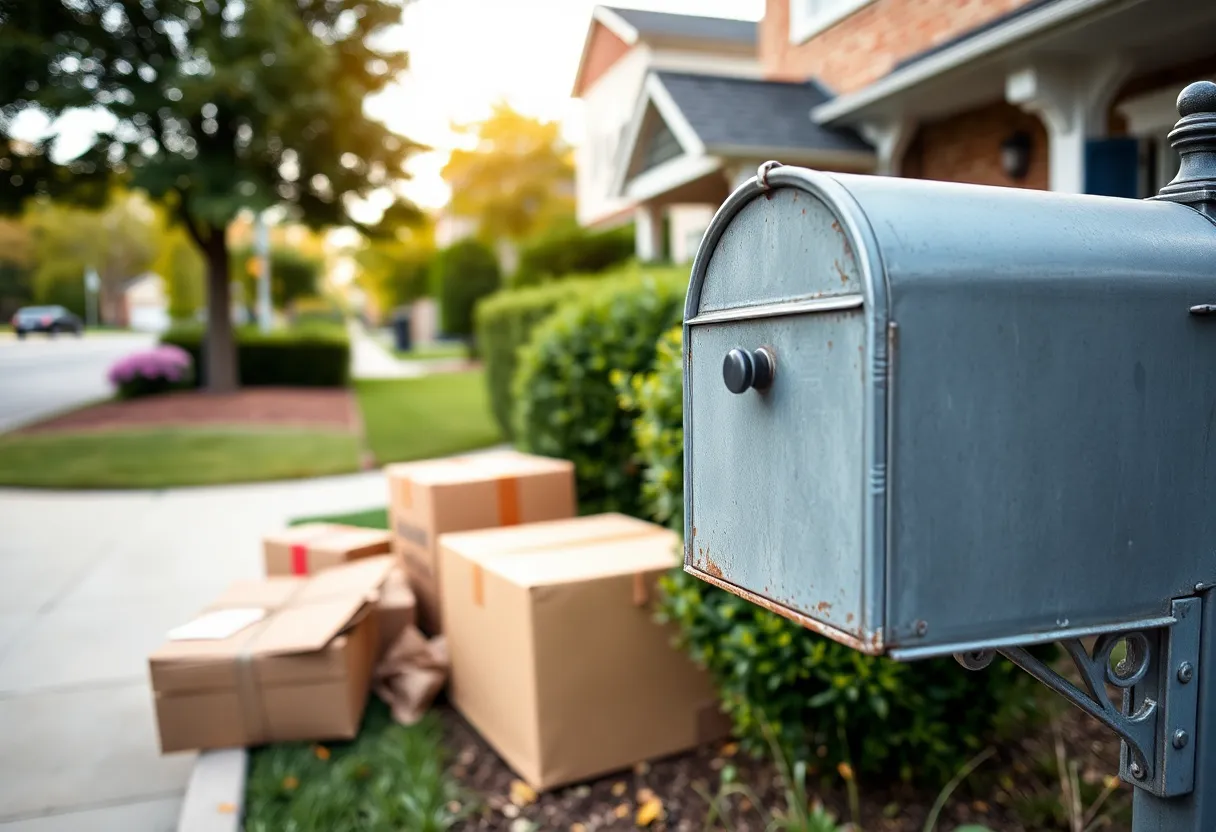 Neighborhood with mailbox and packages, representing package theft awareness.