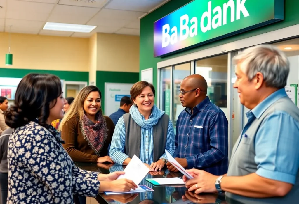 Customers interacting with bank staff in a warm community banking setting.