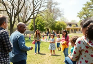 Families gathering in a park discussing child care programs.