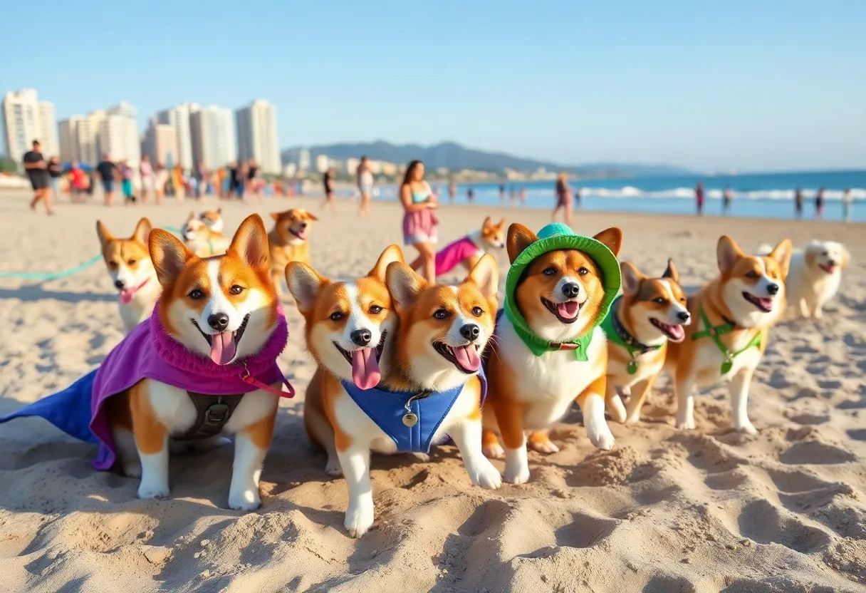 Corgis playing at So Cal Corgi Beach Day in Huntington Beach