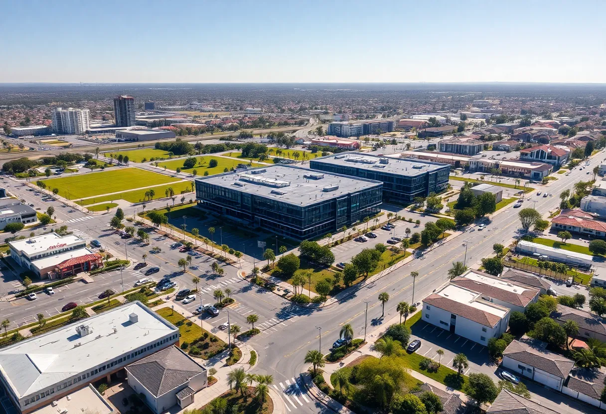 Aerial view of Costa Mesa showing the site of the abandoned Hive Live development.