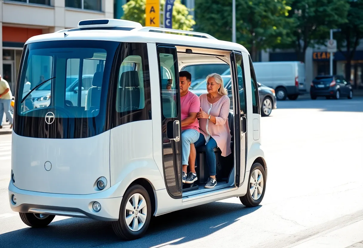 All-electric vehicle of Costa Mesa ride-sharing service with residents boarding.