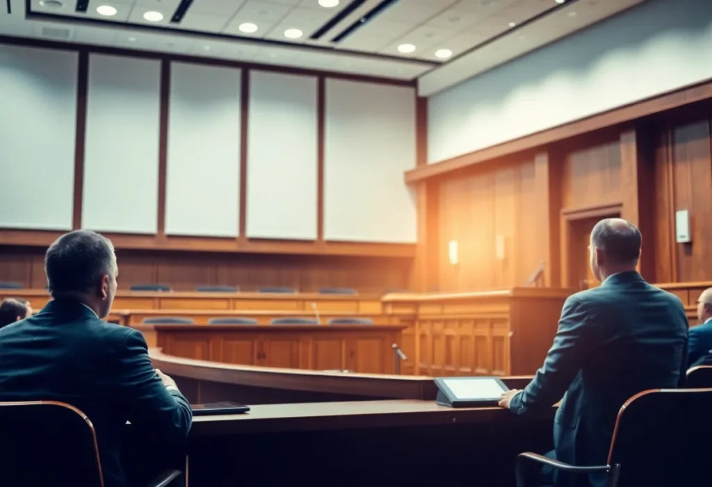 An artistic depiction of a courtroom with elements of artificial intelligence.