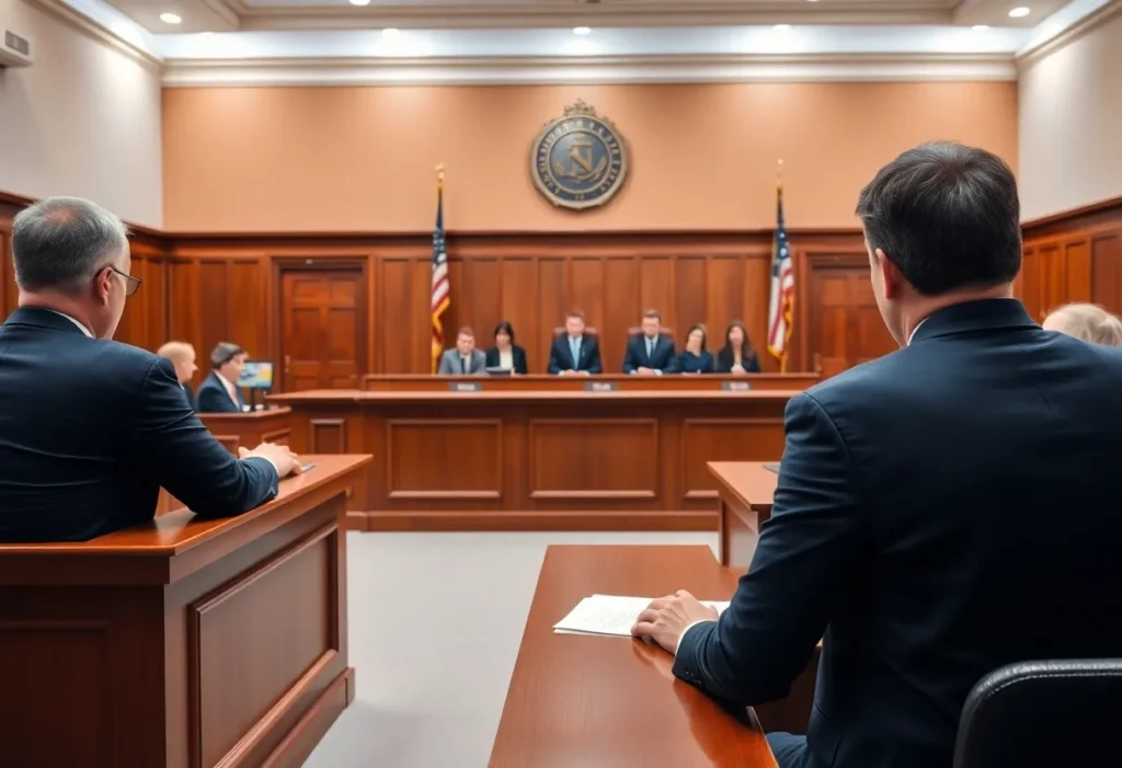 Courtroom scene during a murder trial with jurors and judge