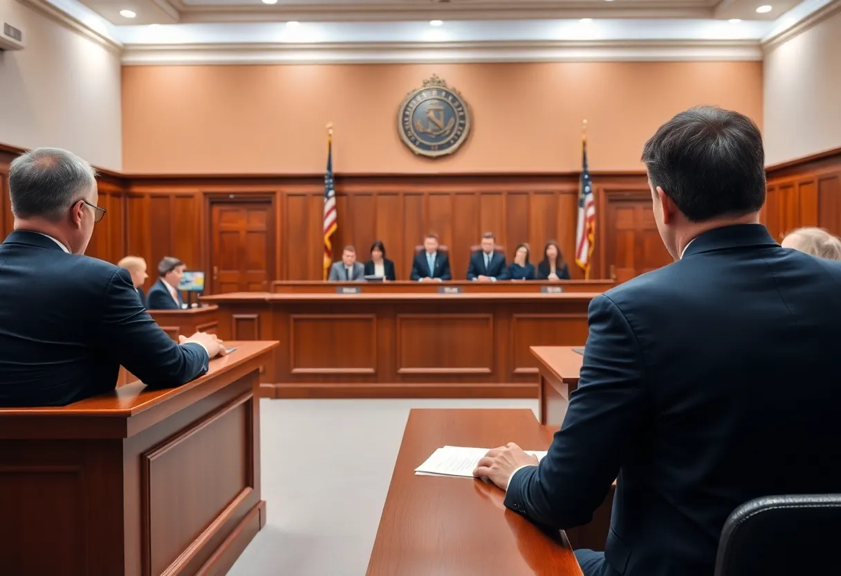 Courtroom scene during a murder trial with jurors and judge