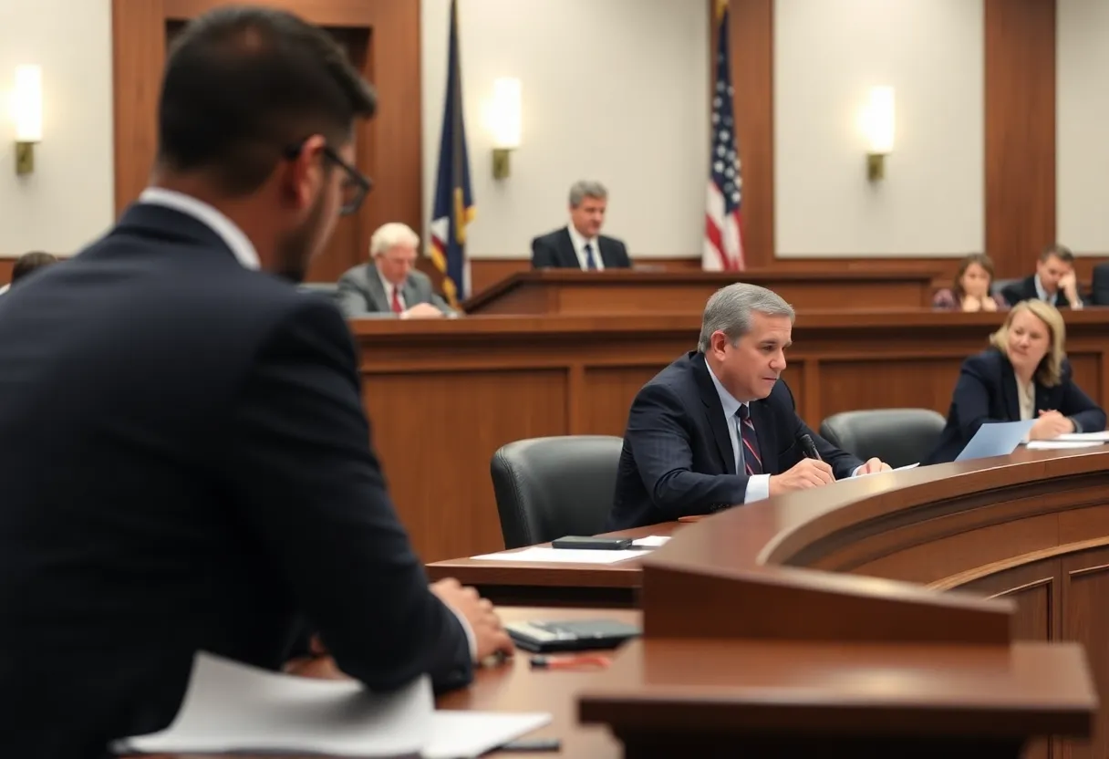 Judges and lawyers in a courtroom discussing voter ID regulations
