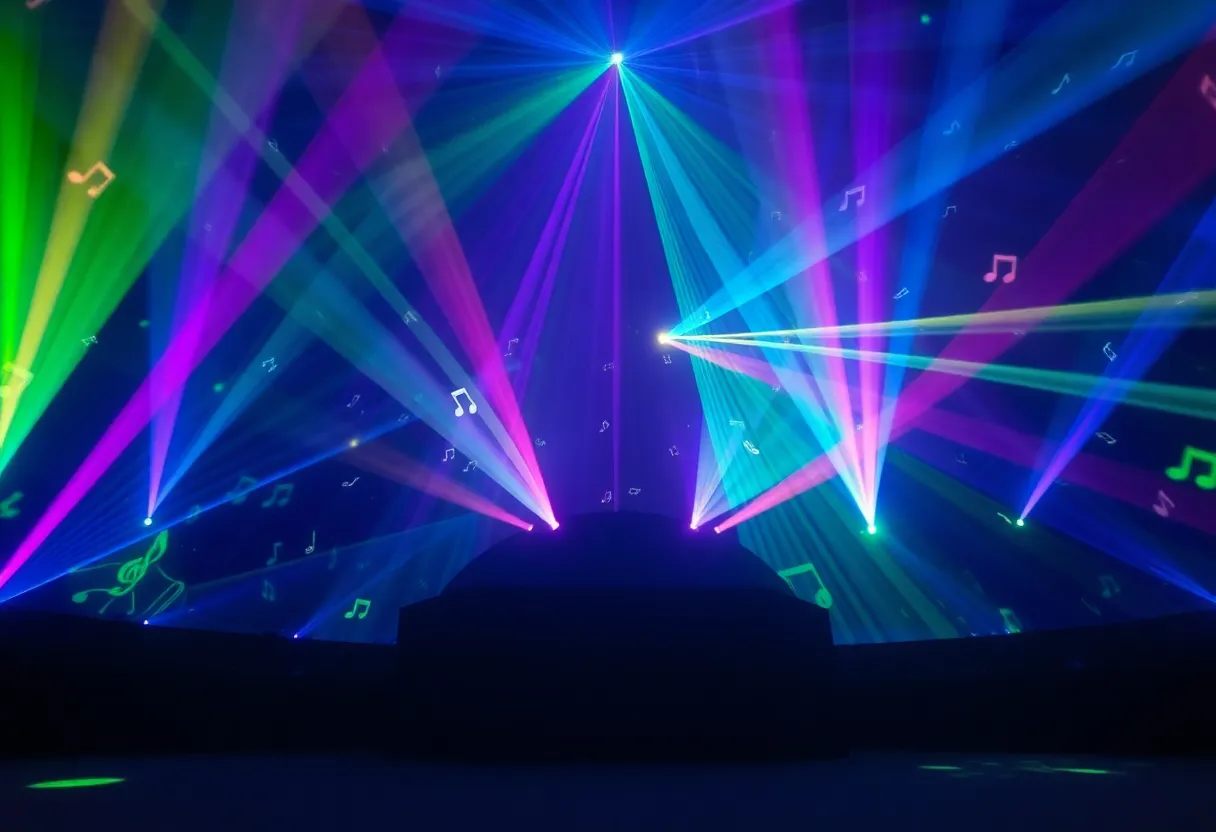A stunning laser show at the Orange Coast College Planetarium showcasing colorful lights and music notes.