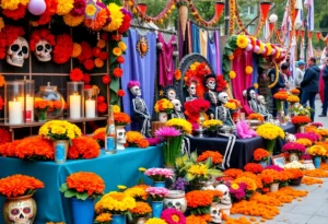 Colorful Dia de los Muertos altar with marigolds