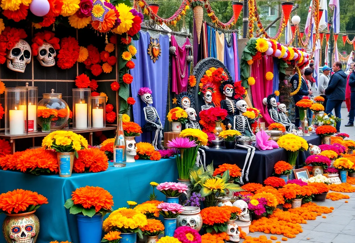 Colorful Dia de los Muertos altar with marigolds