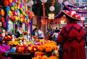 Families celebrating Día de los Muertos with colorful altars and traditional decorations.